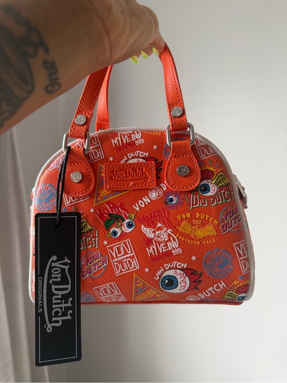 Von Dutch Orange Mini Dome Satchel with Graphic Print